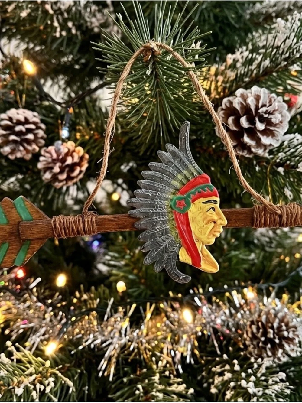 Native American Metal Chief Head Primitive Arrow Christmas Ornament Decoration